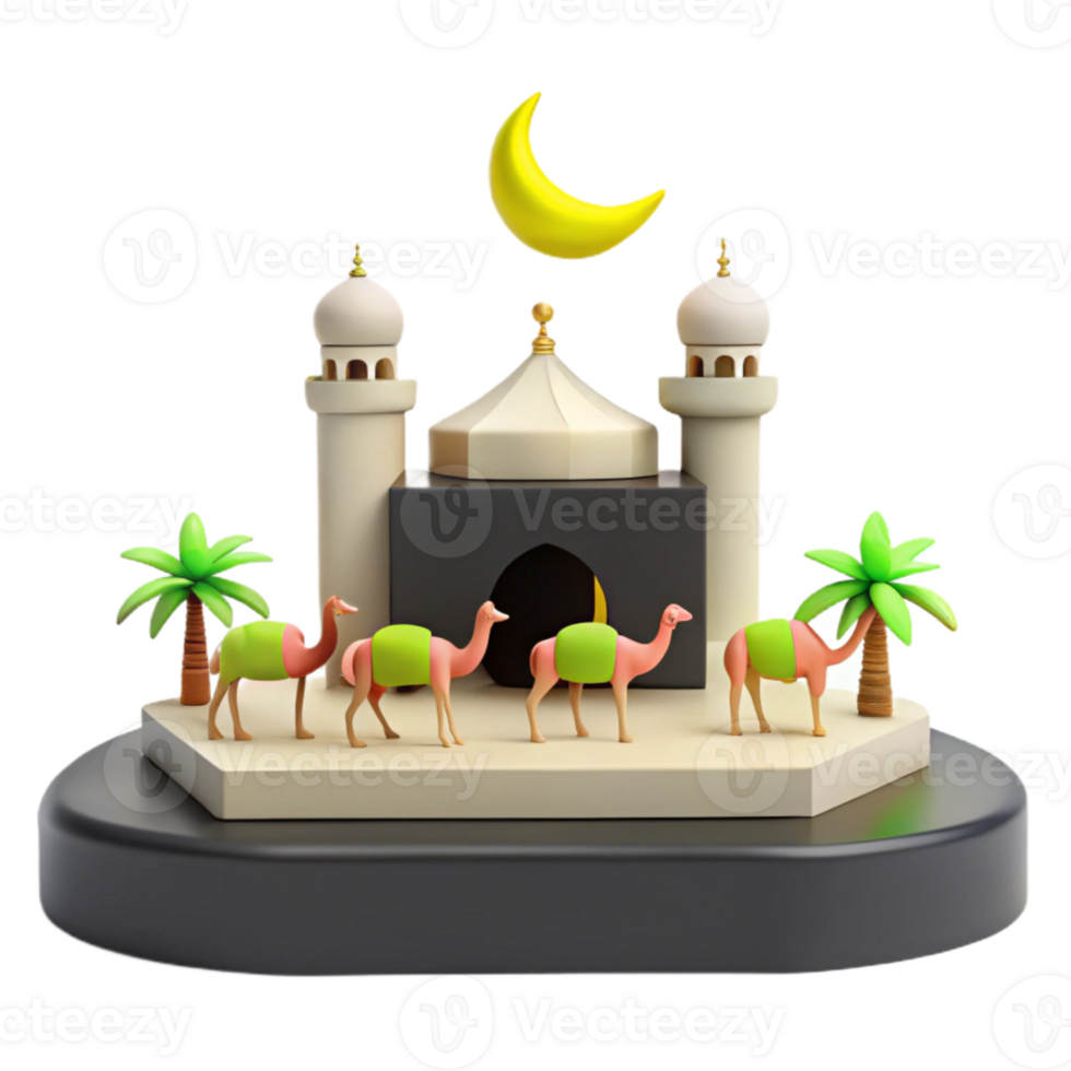 3D Illustration of a Mosque with Camels and Palm Trees png