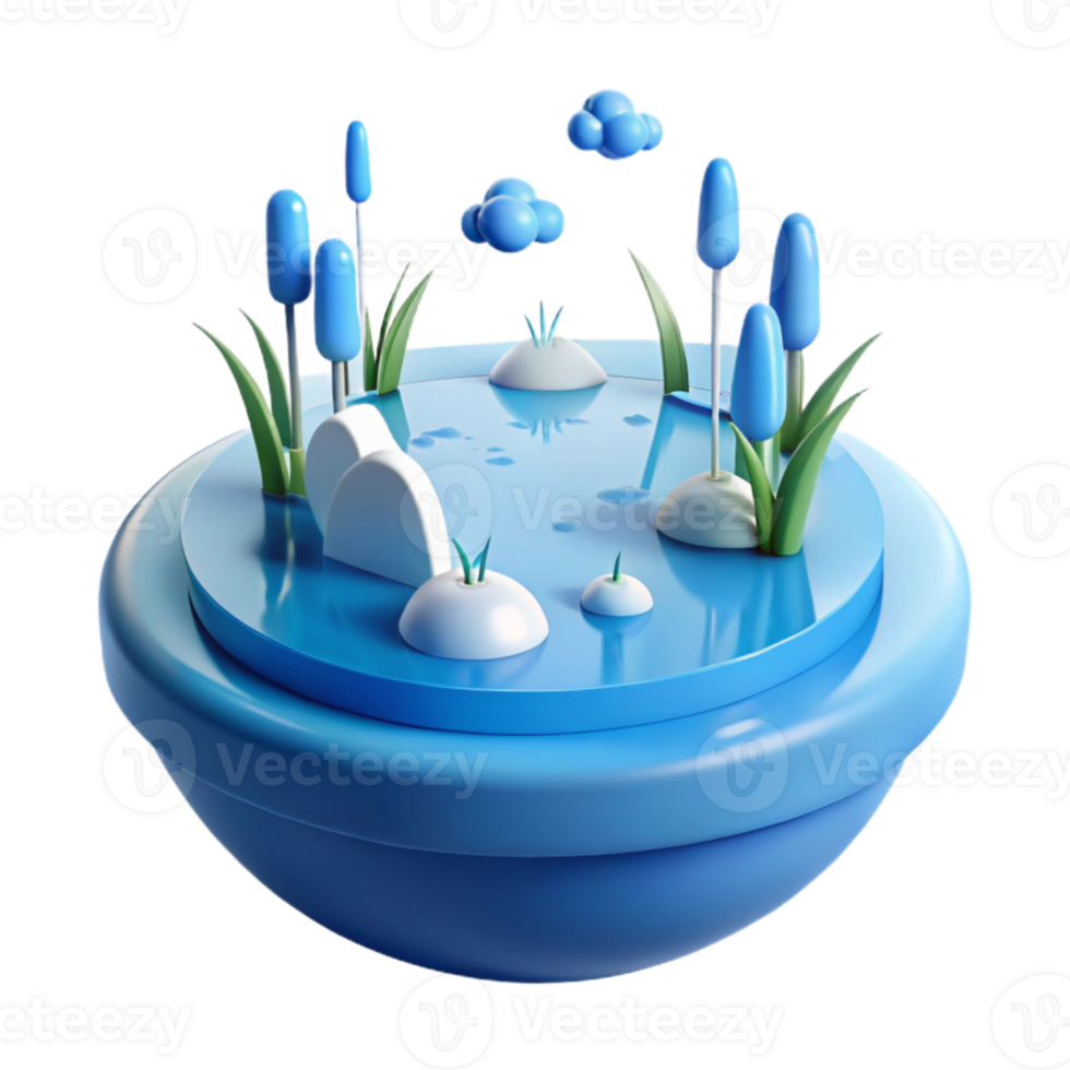 3D Render of a Small Pond with Blue Flowers and Clouds png