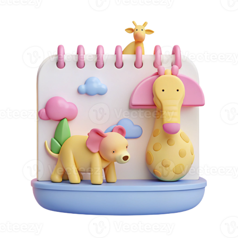Cute 3D Animal Calendar Design with Giraffe, Elephant, and Clouds png
