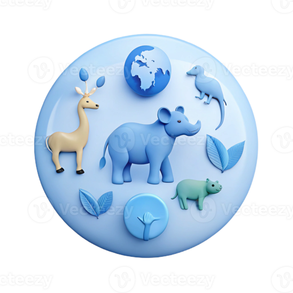 3D Rendered Animals and Earth Globe on a Blue Background png
