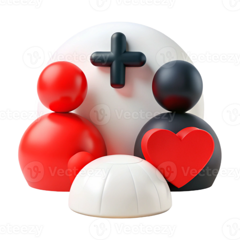 3D Render of Red and Black Figures with Plus Sign and Heart png
