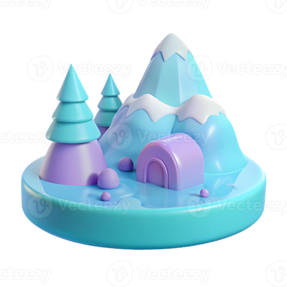3D Winter Scene with Mountain, Trees, and Igloo png