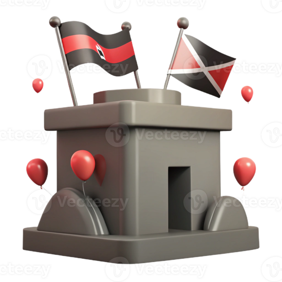 3D Render of a Building with Flags and Balloons png