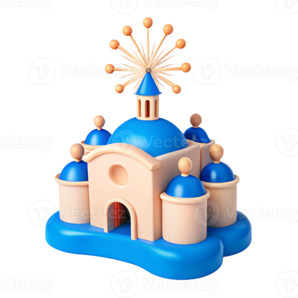 3D Render of a Blue and Beige Building with a Starburst on Top png