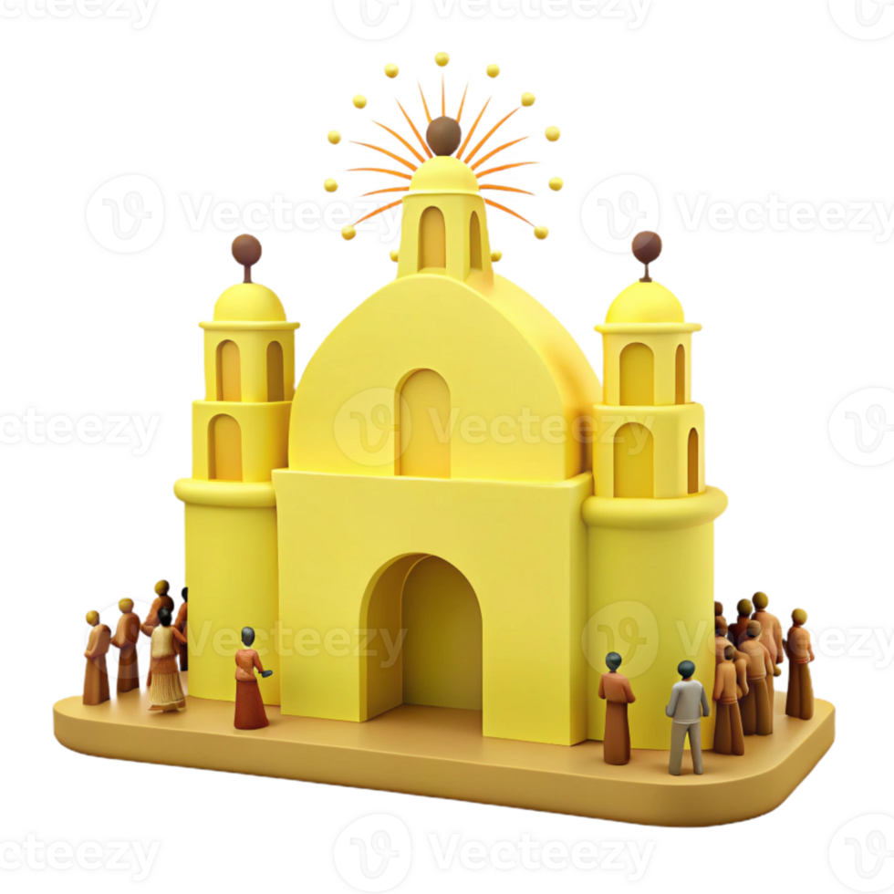 3D Render of a Yellow Building with a Crowd in Front png