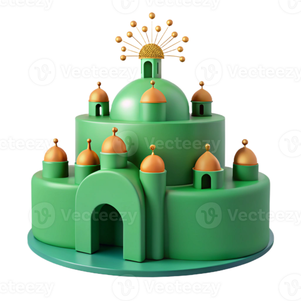 Green and Gold 3D Architectural Model with Domes and Arched Entrance png
