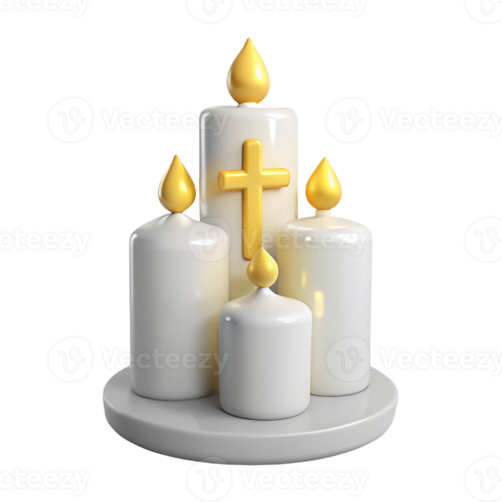 Four White Candles with Gold Flames and Cross png