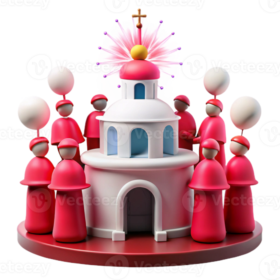 3D Render of a Red Robed Figures Gathering Around a Church png