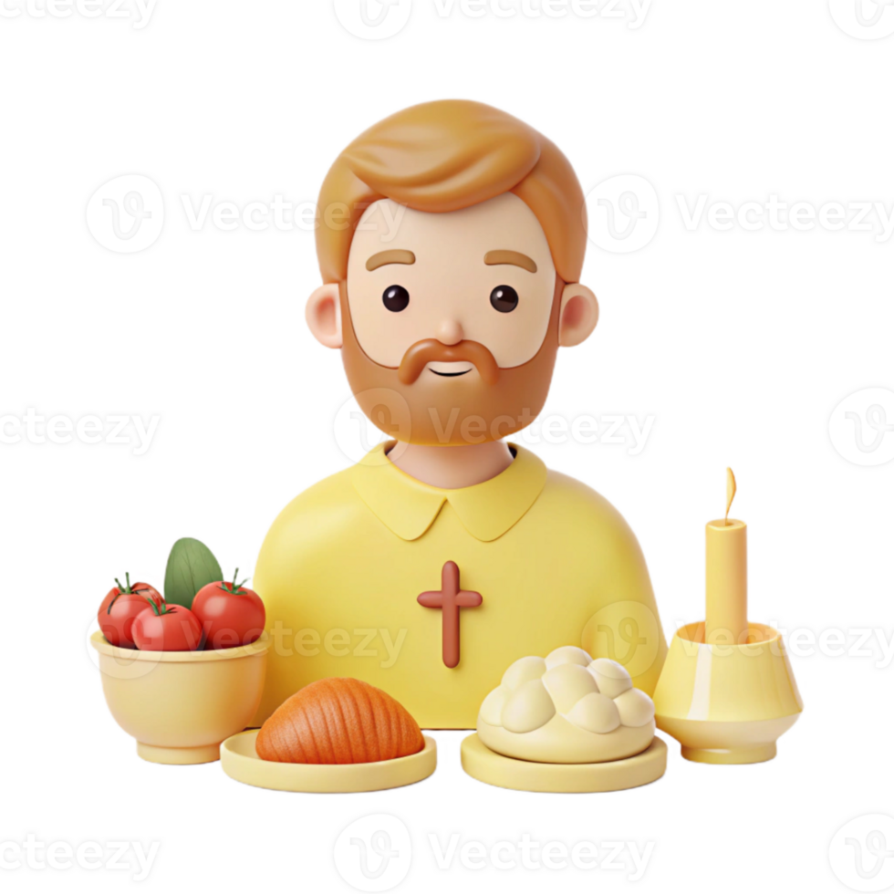 3D Illustration of a Man with a Cross on His Shirt, Sitting at a Table with Bread, Tomatoes, and a Candle png