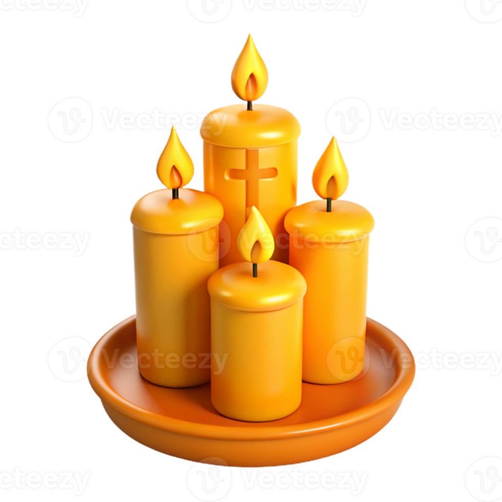 Four Burning Candles with Cross on Center Candle png