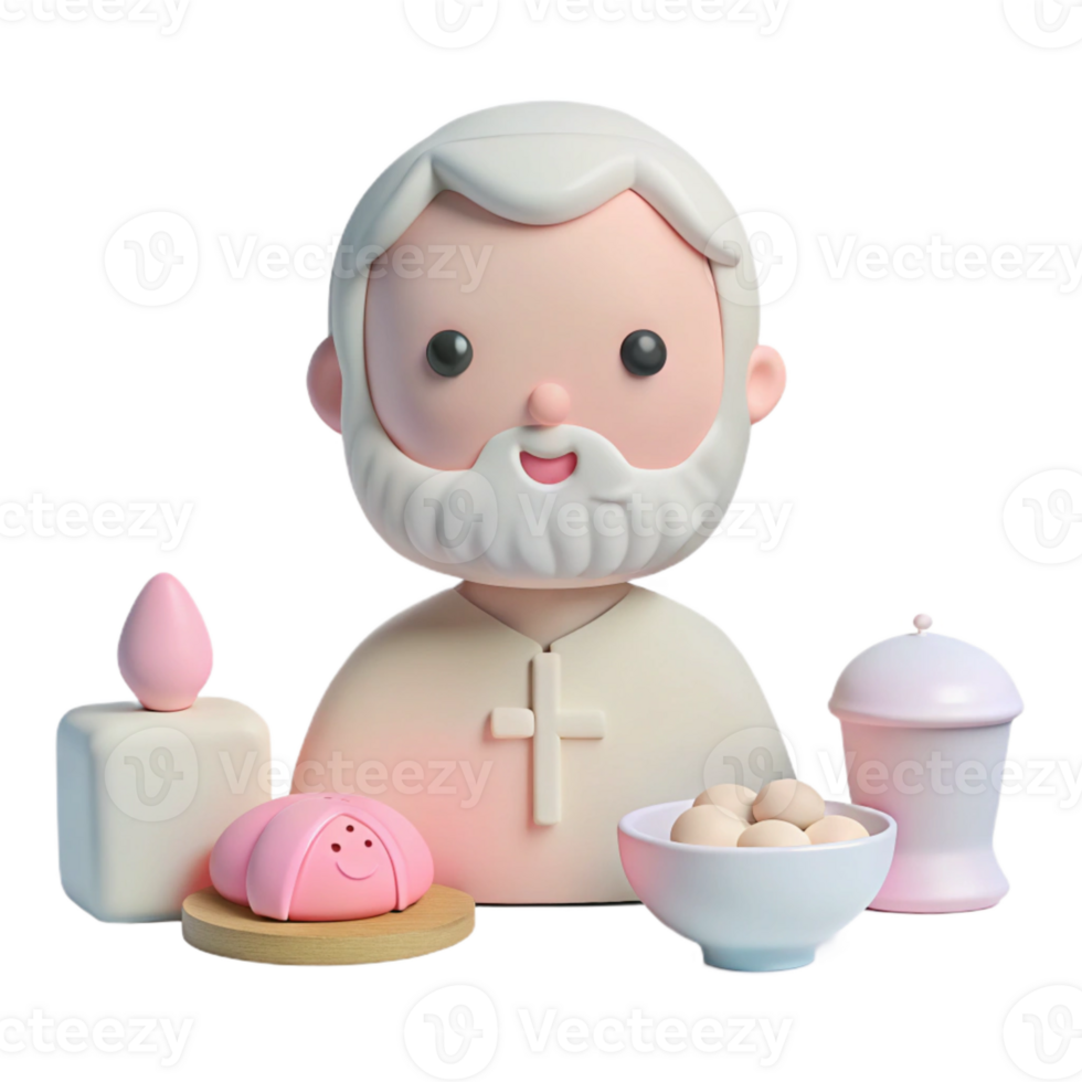 3D Cartoon Character with a Cross, Candle, and Food png