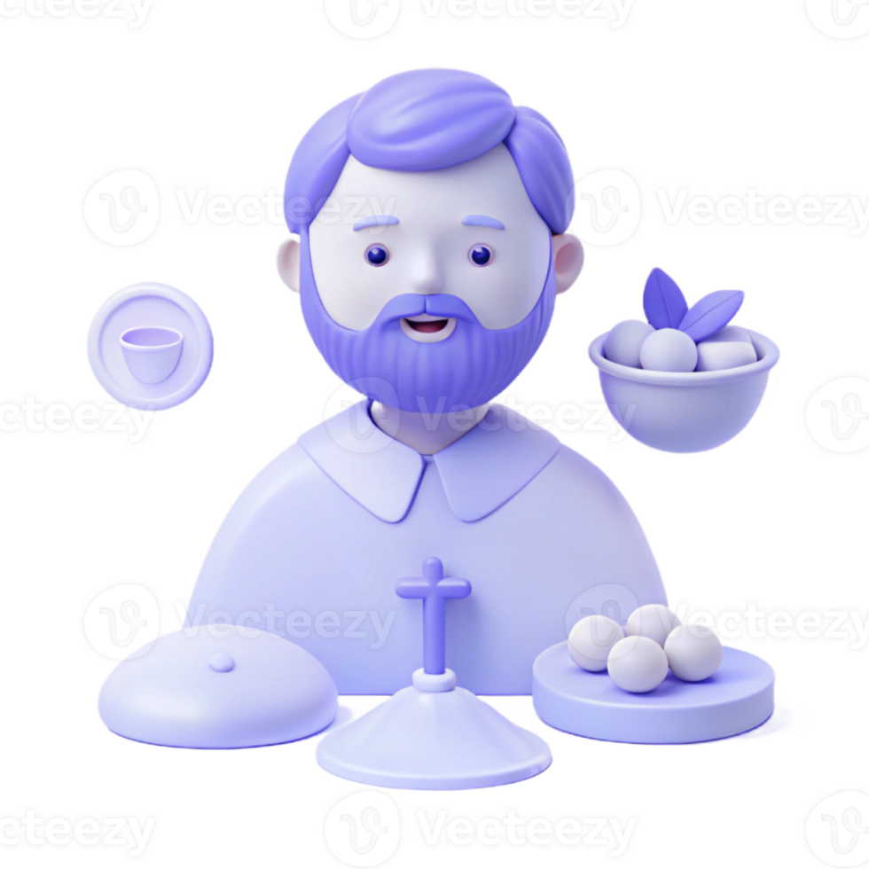 3D Cartoon Character of a Man with a Cross and a Bowl of Fruit png