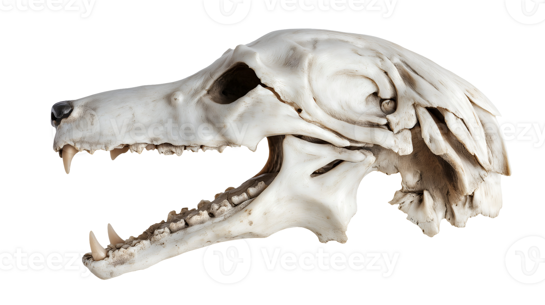 wolf's skull with elongated snout and visible fangs highlighted on isolated background showing intricate bone structure and teeth detail png