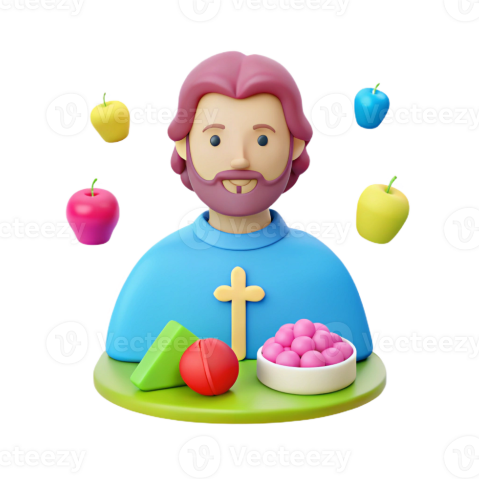 3D Rendered Illustration of a Person with a Cross, Fruit, and Geometric Shapes png