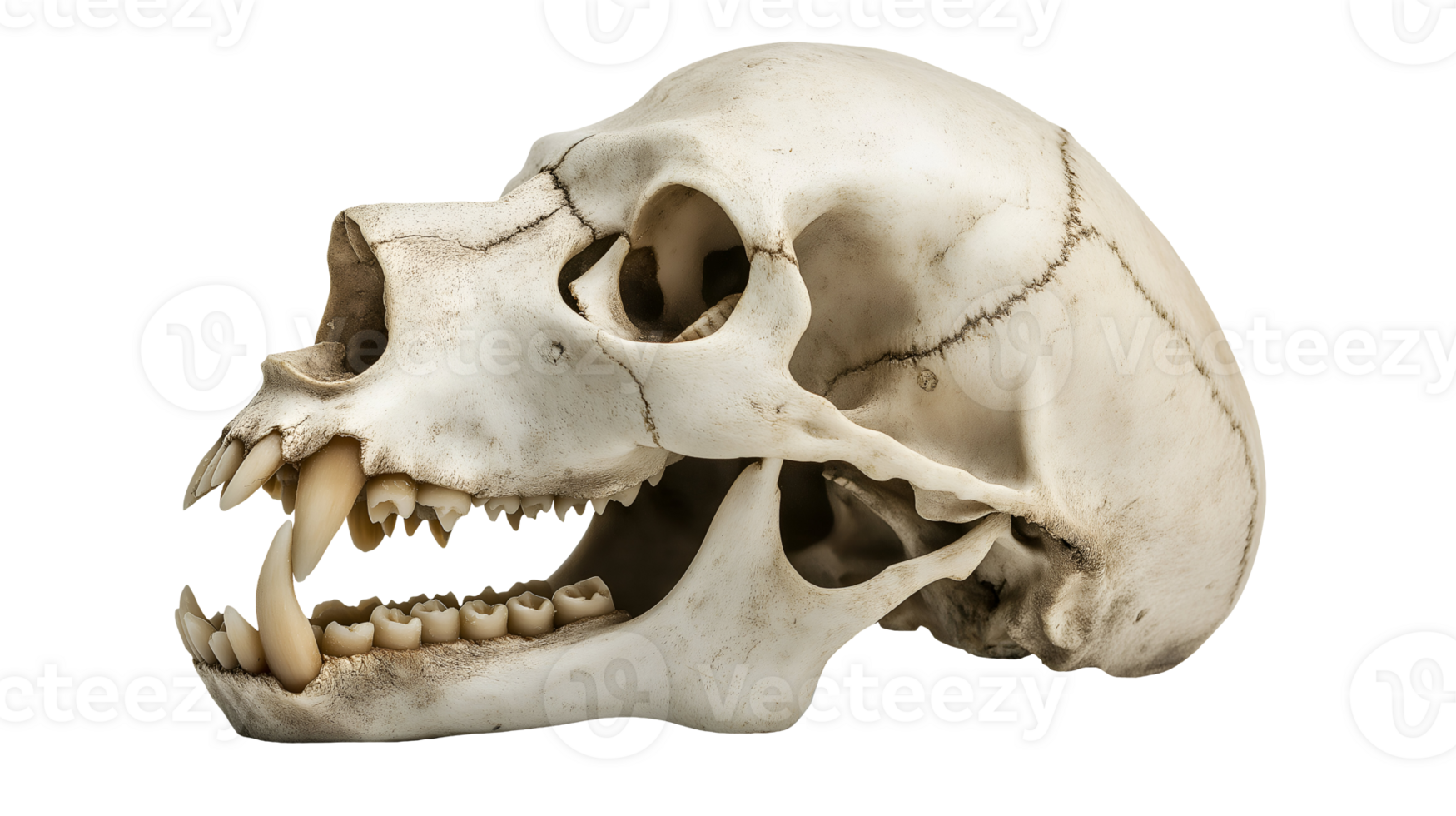 dog skull with prominent teeth and well-defined jawbone structure on isolated background png