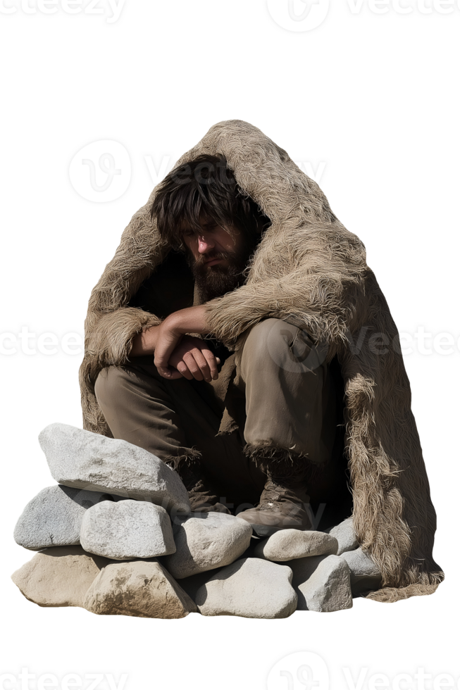 caveman building a simple stone shelter, stacking rocks and covered in primitive fur clothing on isolated background png