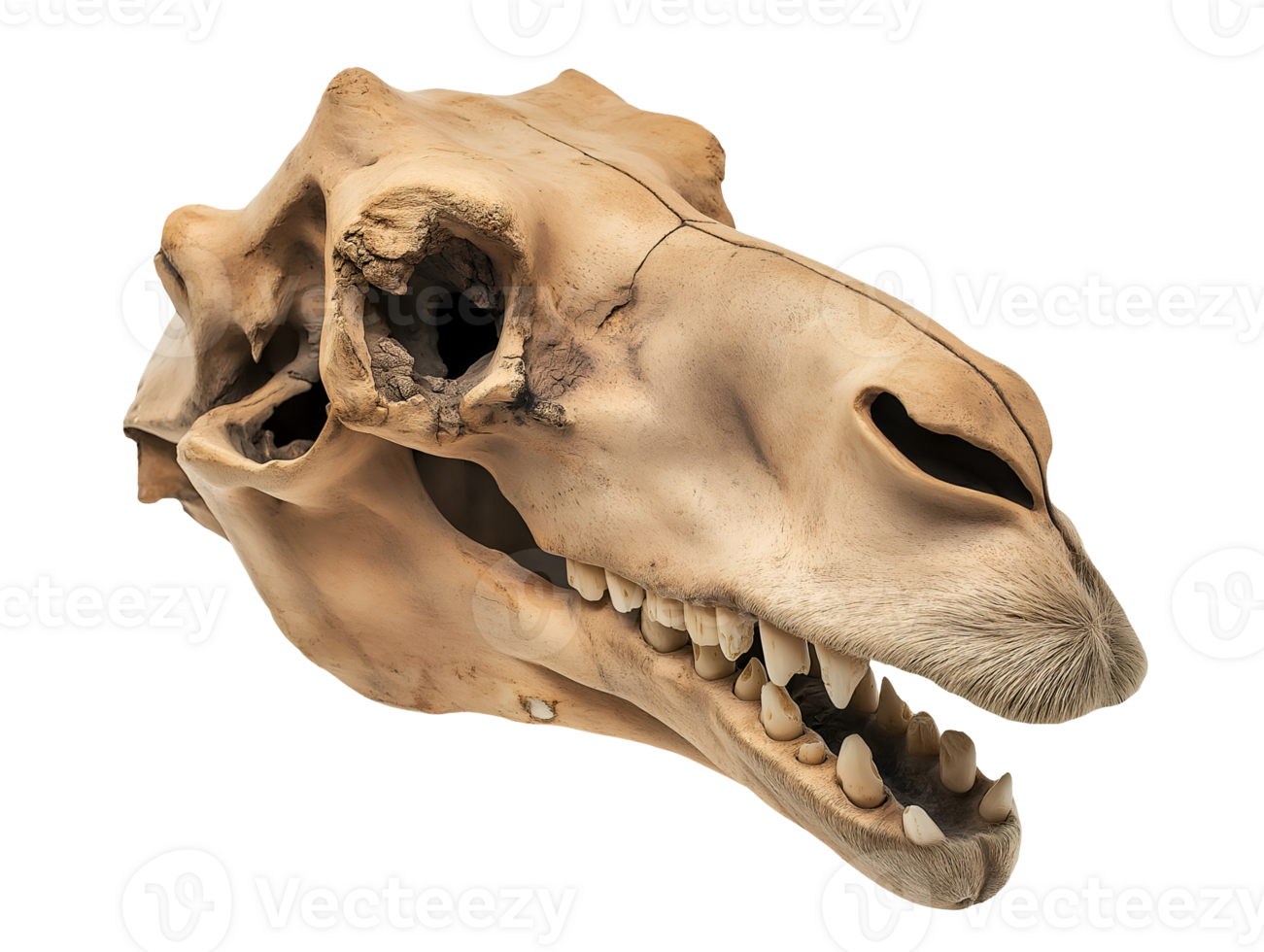 close-up of a camel skull showing its long snout and large teeth on isolated background, emphasizing bone structure and fossil detail png