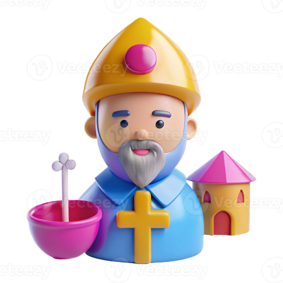3D Cartoon Character of a Priest with a Cross and a Small House png