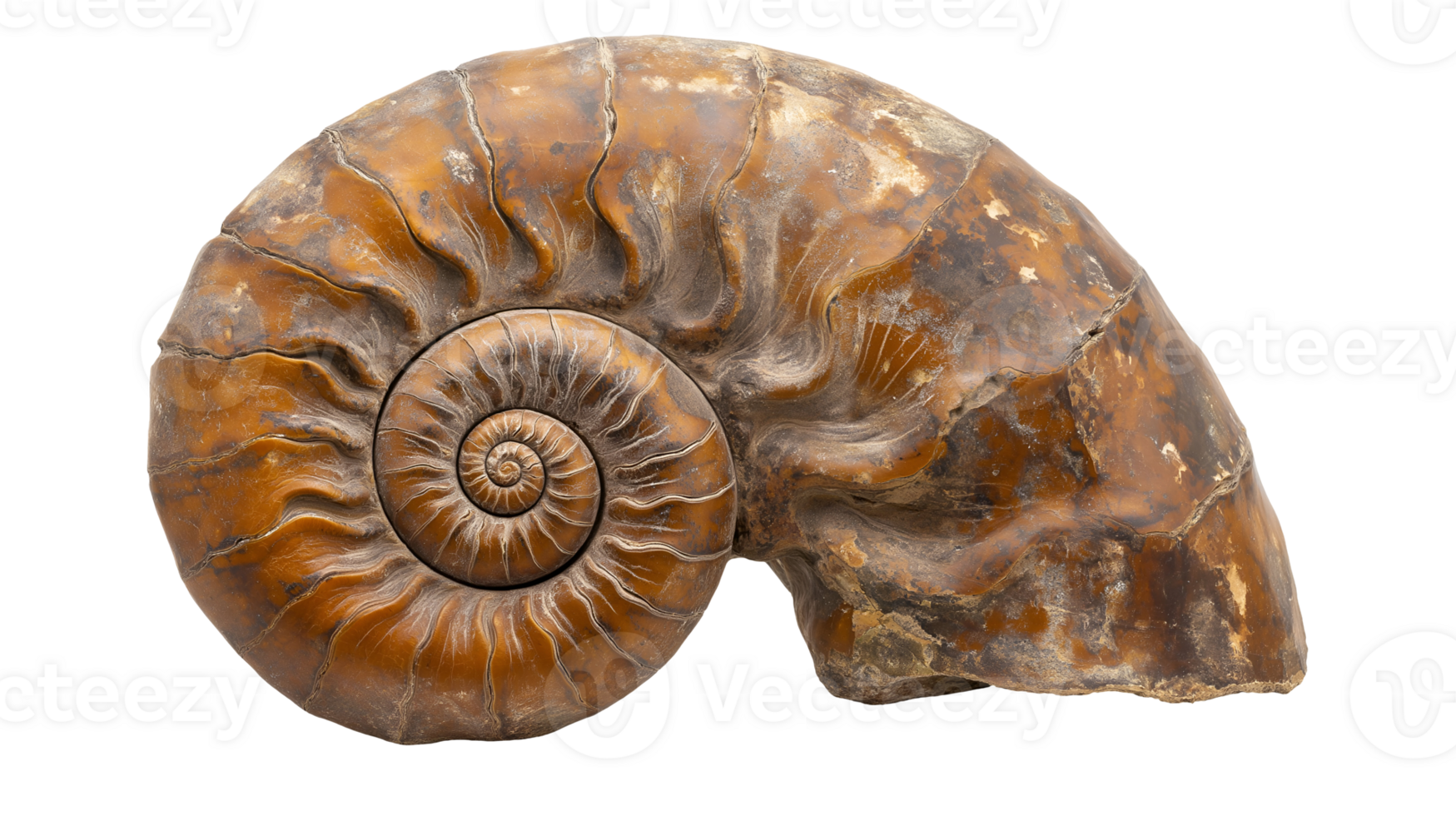 fossilized ammonite with intricate spiral patterns preserved in stone on isolated background png