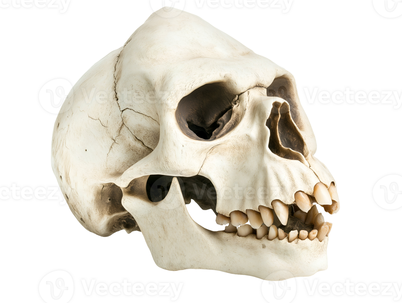 close-up of a gorilla skull with prominent jaw and large teeth on isolated background showcasing detailed bone structure png