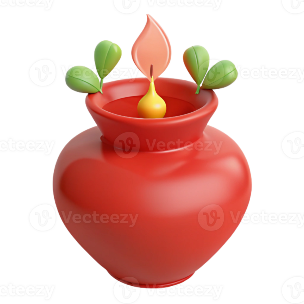 Red Clay Pot with Flame and Leaves png