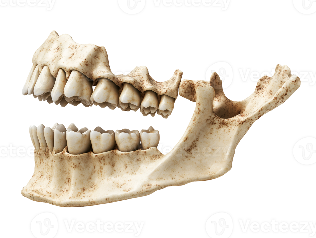 close-up of a human jawbone showing detailed teeth sockets and bone structure on isolated background png