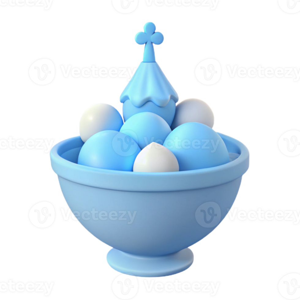 Blue and White 3D Rendered Bowl with Ornate Lid and Spheres png