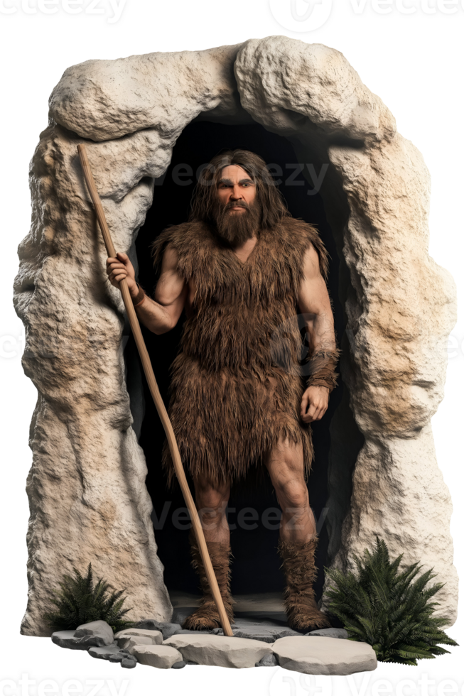 caveman dressed in animal skins standing in a stone archway holding a wooden spear on isolated background png