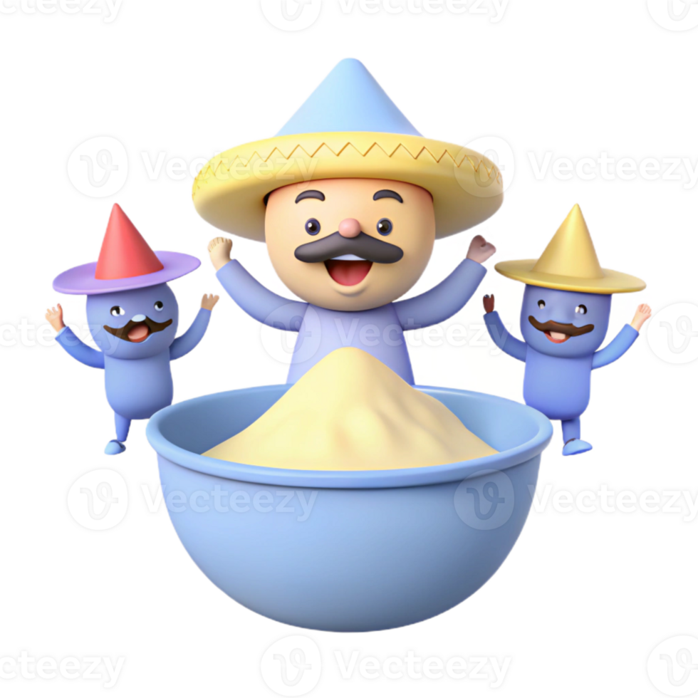 Three Cartoon Characters with Hats, One Holding a Bowl of Sand png