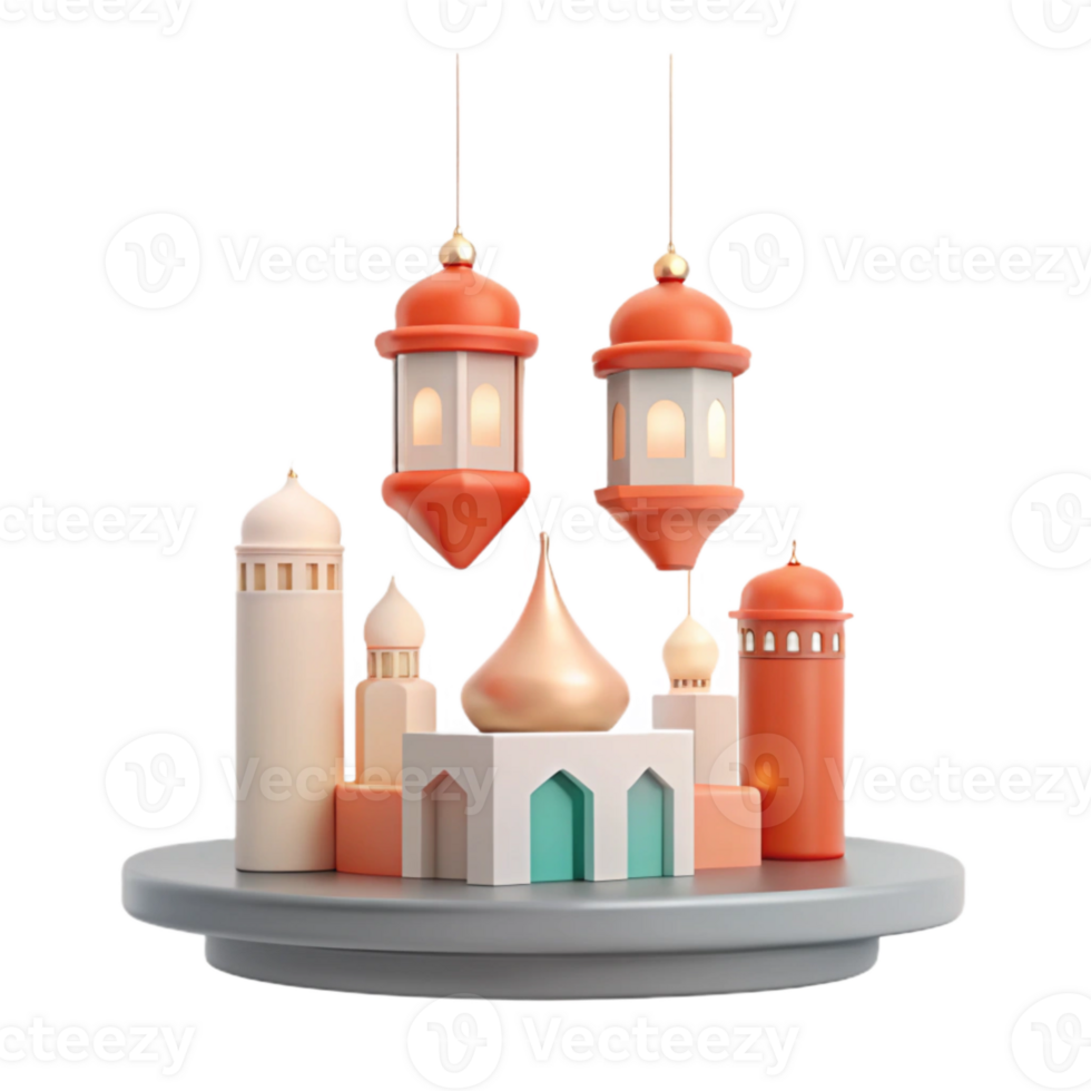 3D Rendered Illustration of a Mosque with Hanging Lanterns png