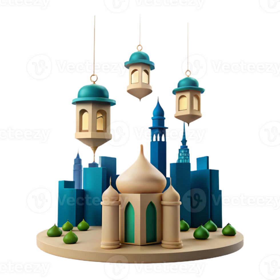 3D Render of a Mosque with Lanterns Hanging Above png
