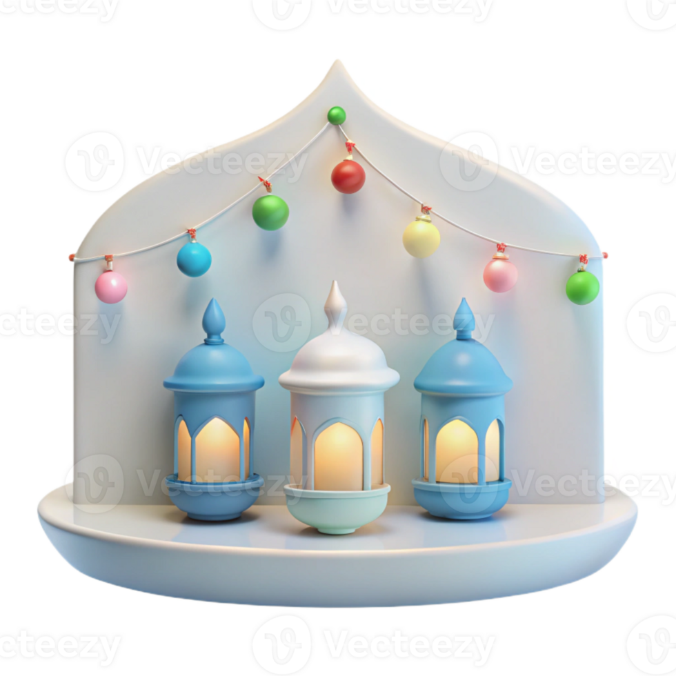 3D Rendered Lanterns with Festive Lights png