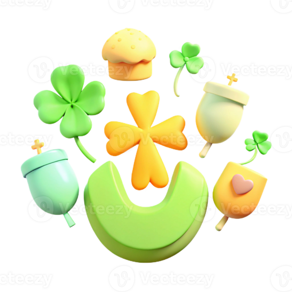 3D Rendered Lucky Charms with Shamrocks, Hearts, and Cupcakes png