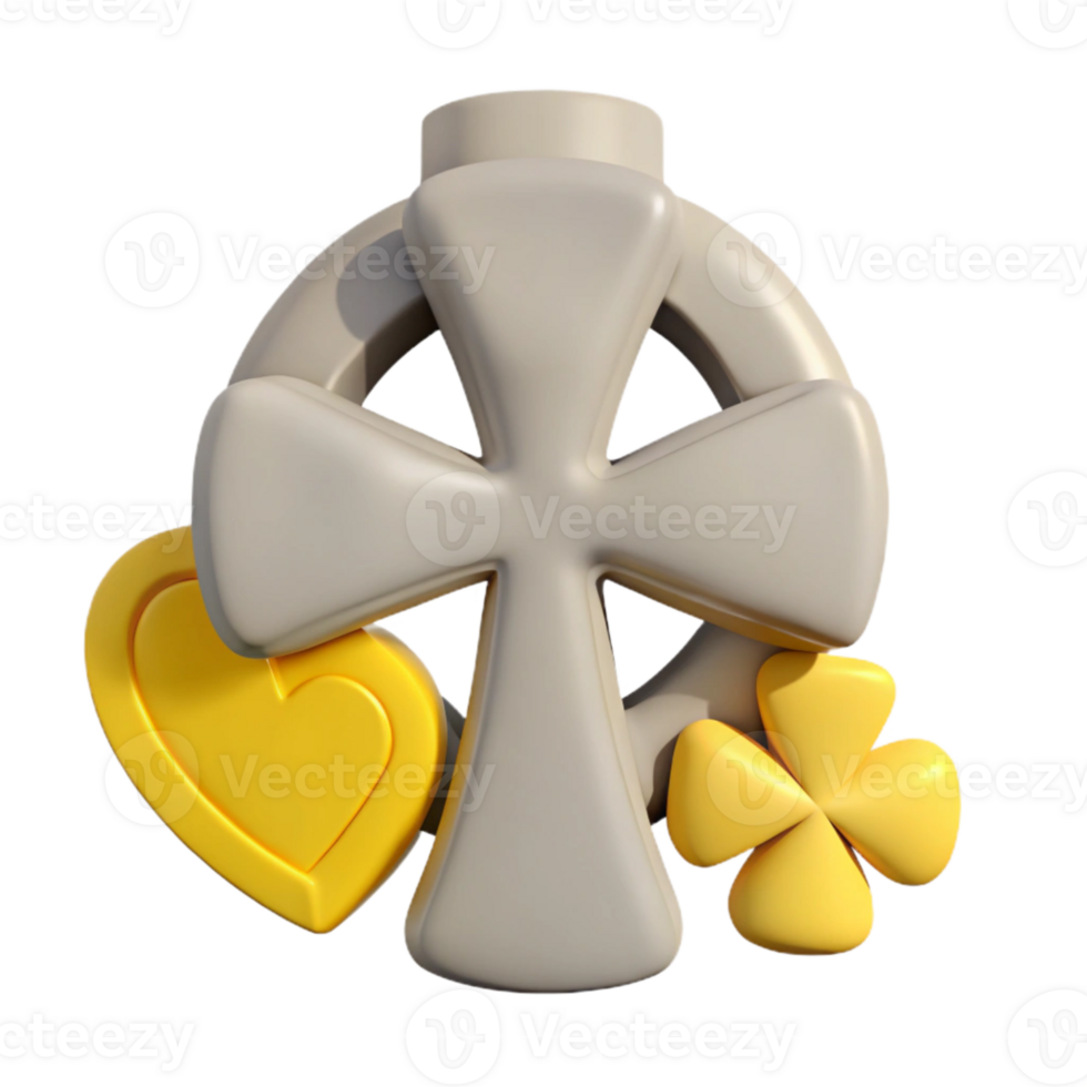 3D Render of a Cross with a Heart and Four-Leaf Clover png