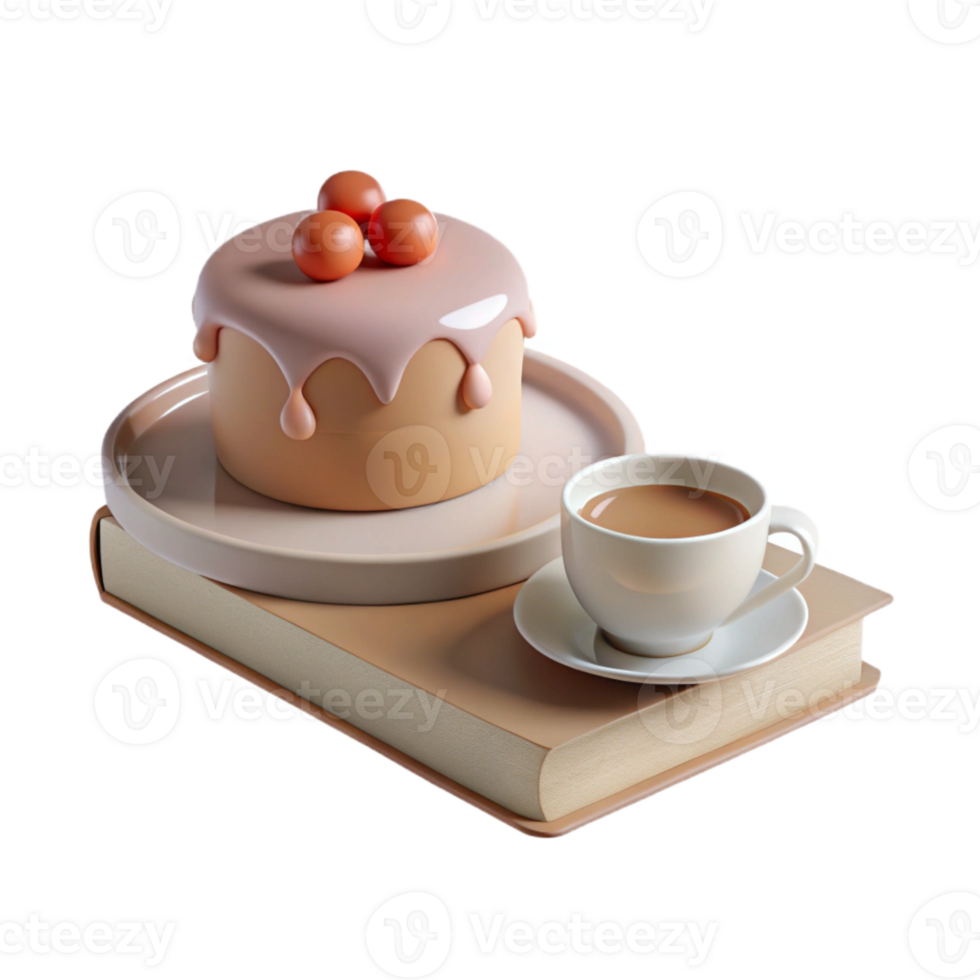 3D Rendered Cake and Coffee on Book png