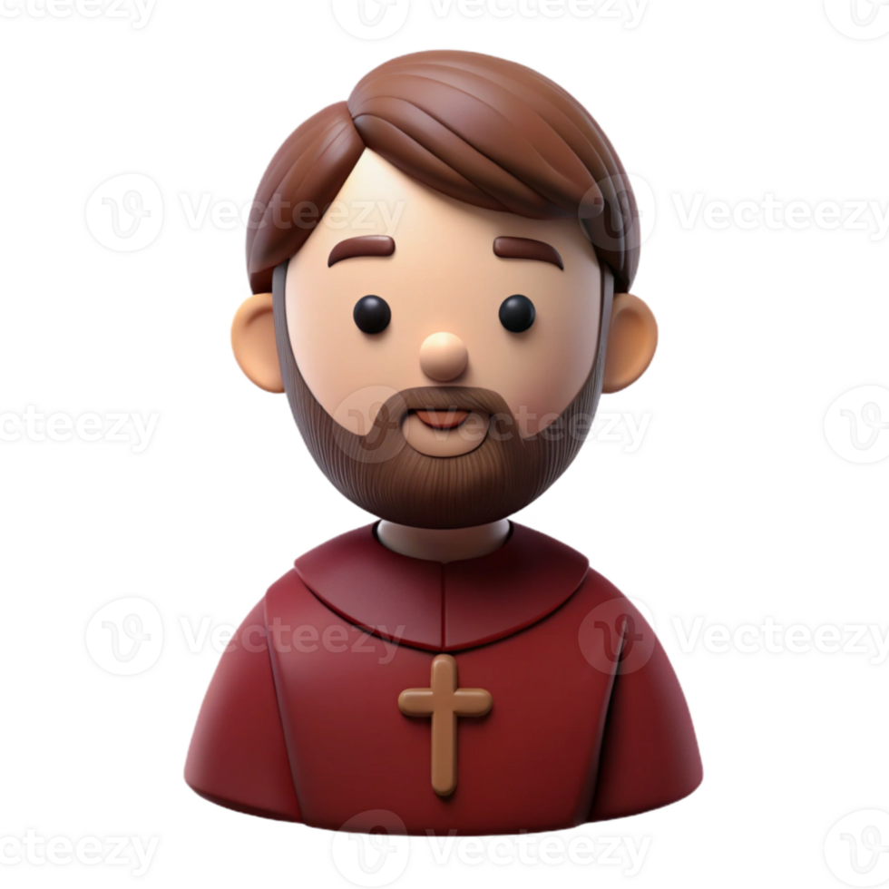 3D Cartoon Character - Man with Brown Hair and Beard in Red Robe with Cross png