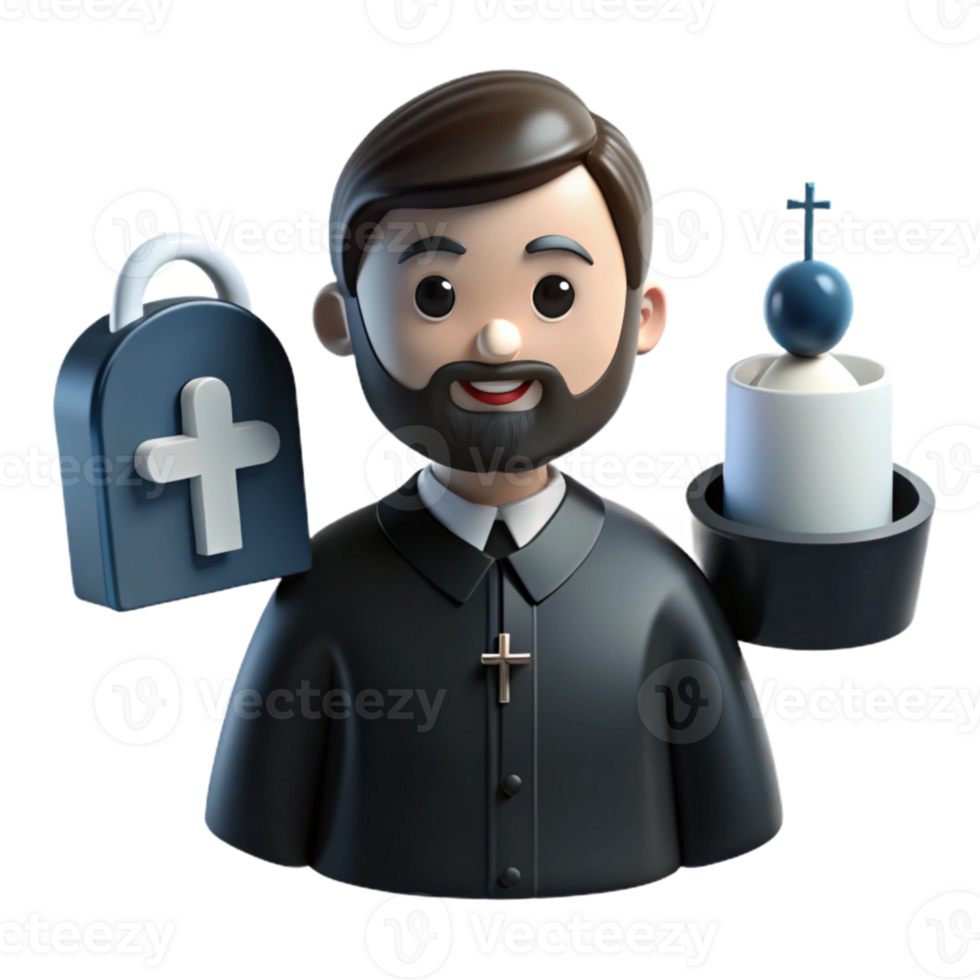 3D Cartoon Priest Illustration with Religious Symbols png