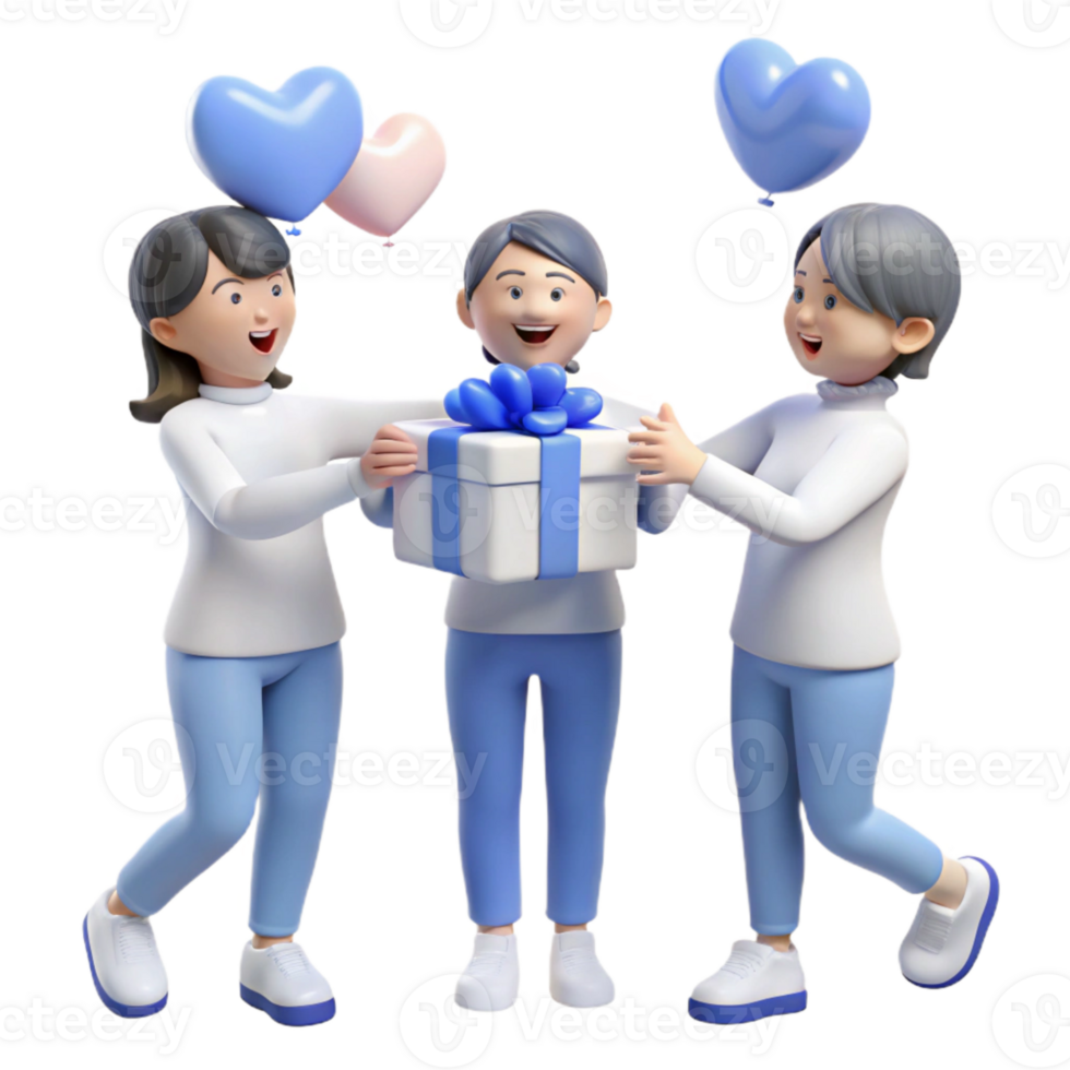 Three 3D Cartoon Characters Celebrating With Gifts and Balloons png