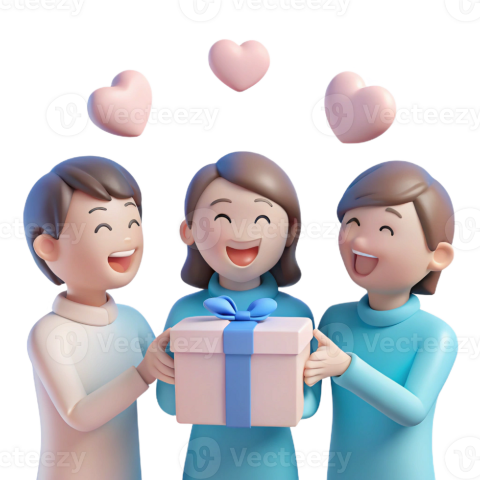 Three Friends Celebrating With a Gift and Hearts png