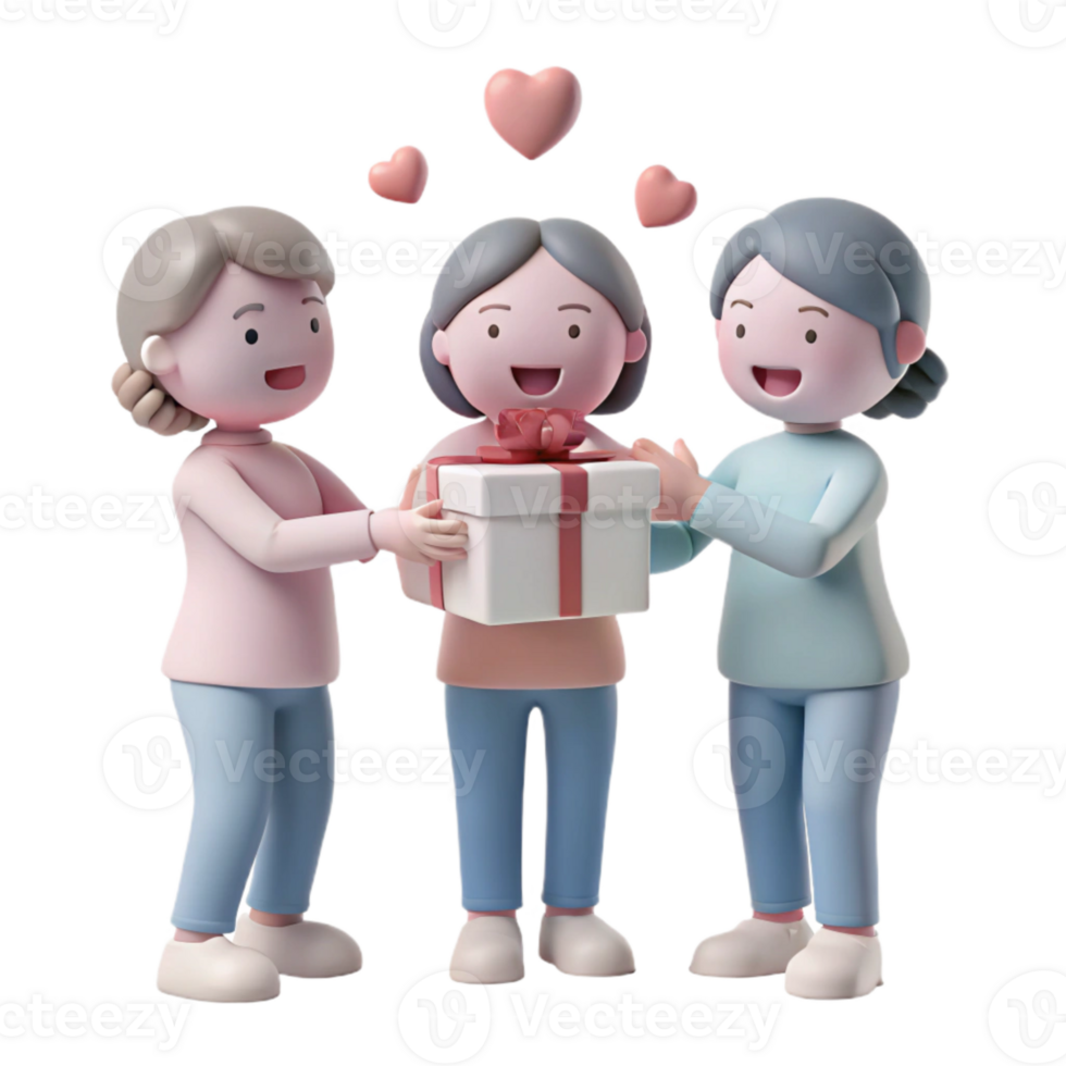 3D Cartoon Characters Celebrating with Gift and Hearts png