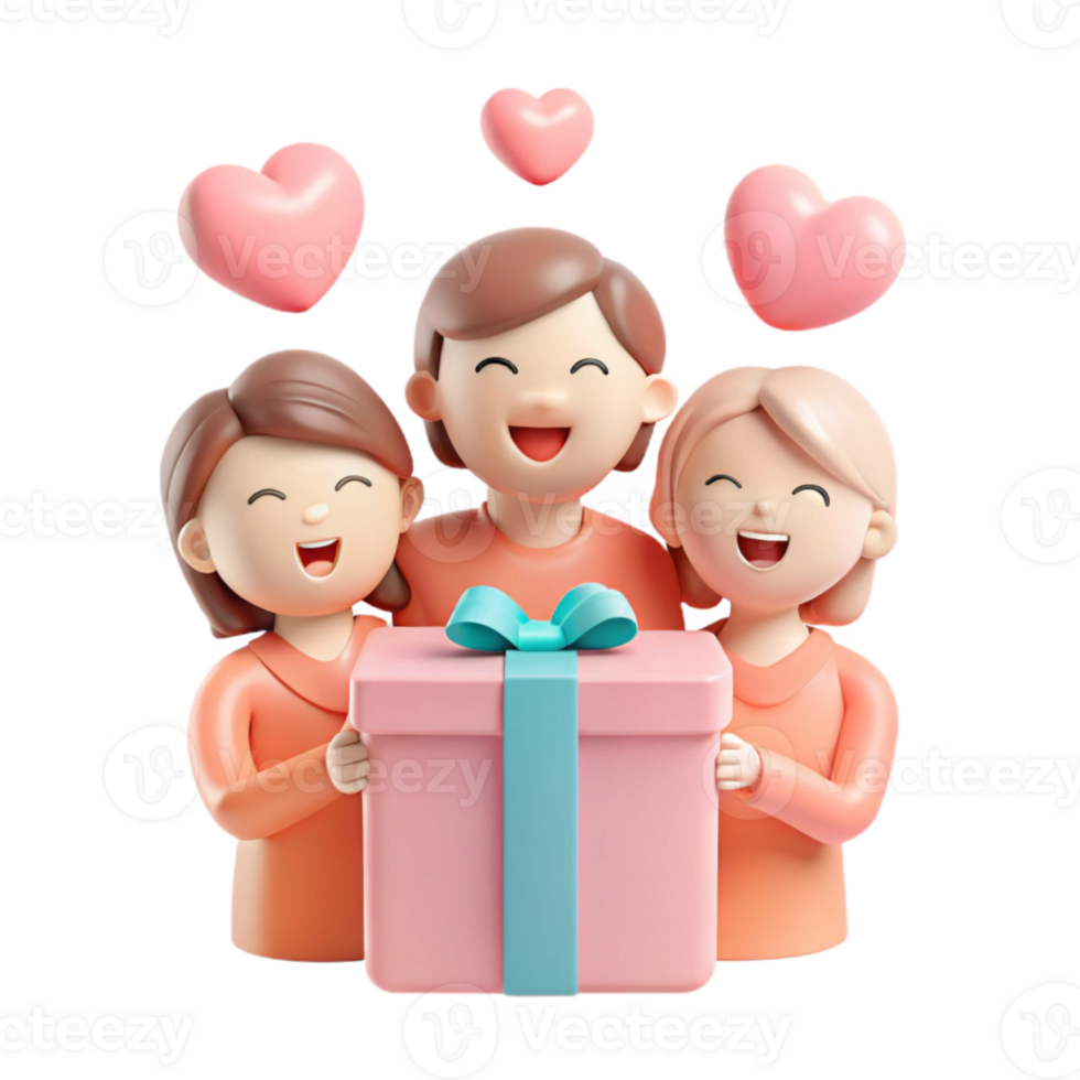 Happy Family Holding a Gift Box with Hearts png