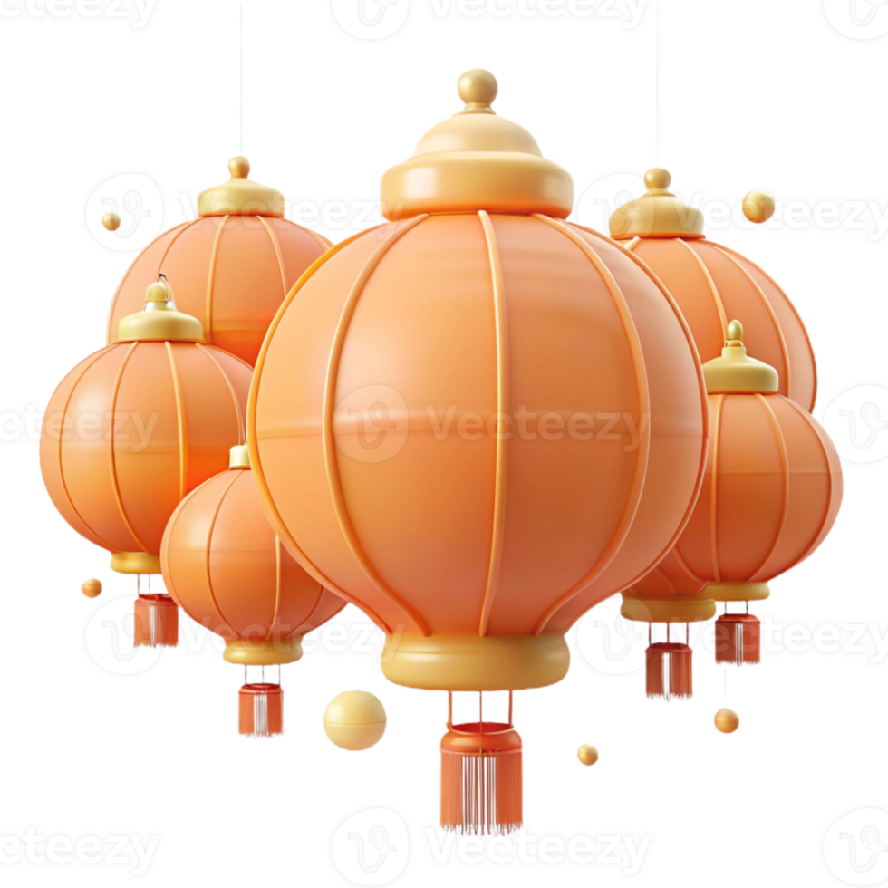 Group of Hanging Orange Lanterns with Tassels png