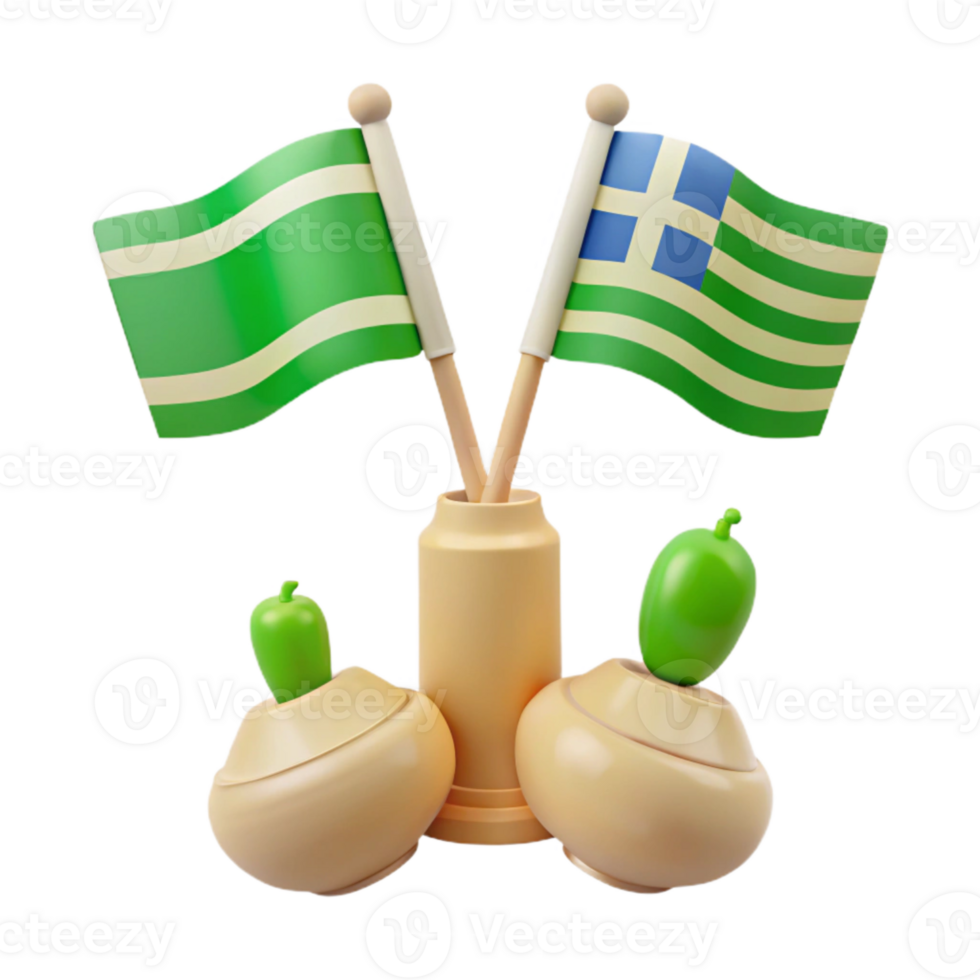 Green and White Striped Flags on a Vase with Green Objects png