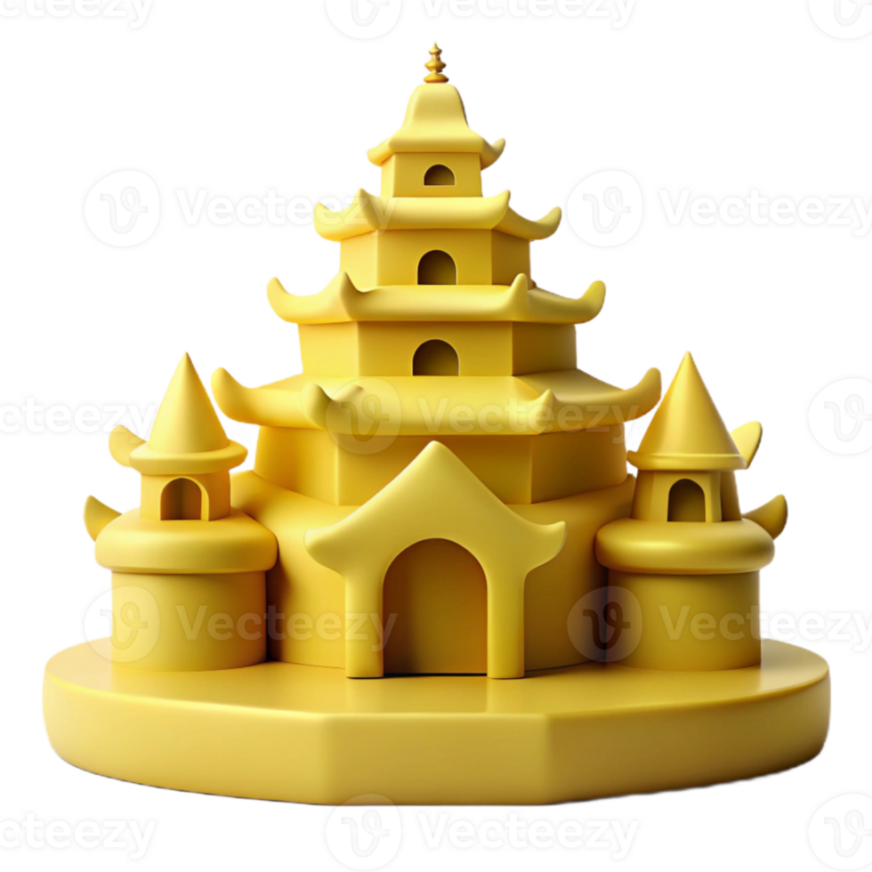 3D Render of a Yellow Pagoda with Towers png