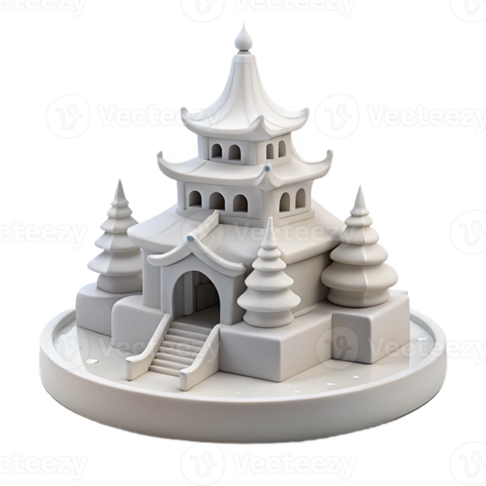 White Pagoda Model with Trees and Steps png