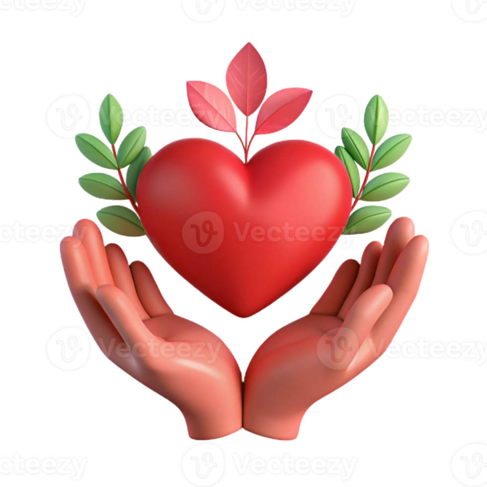 3D Rendered Hands Holding a Heart with Leaves png