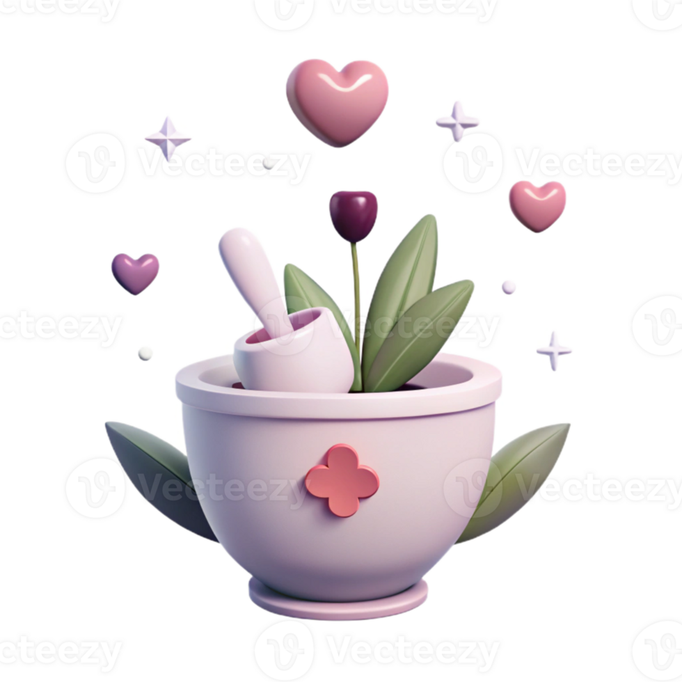 3D Render of Mortar and Pestle with Flowers and Hearts png