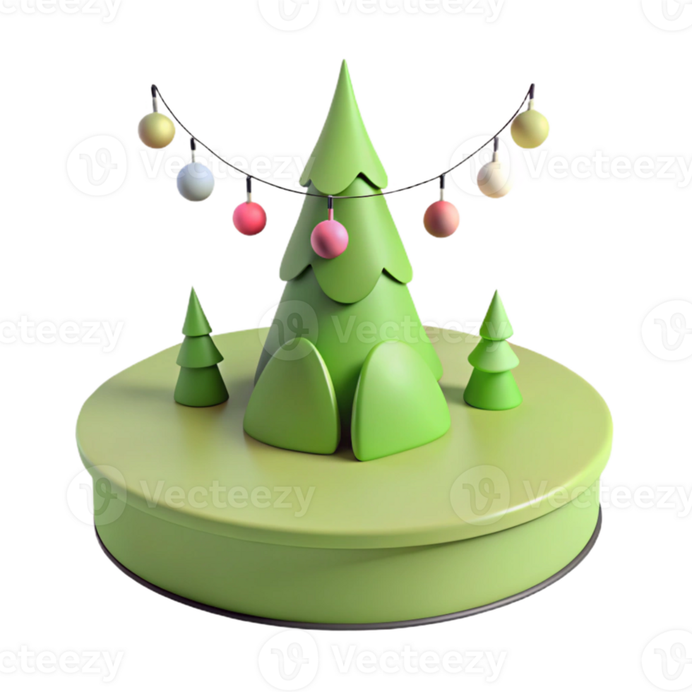 Christmas Tree with Lights and Ornaments on Round Base png