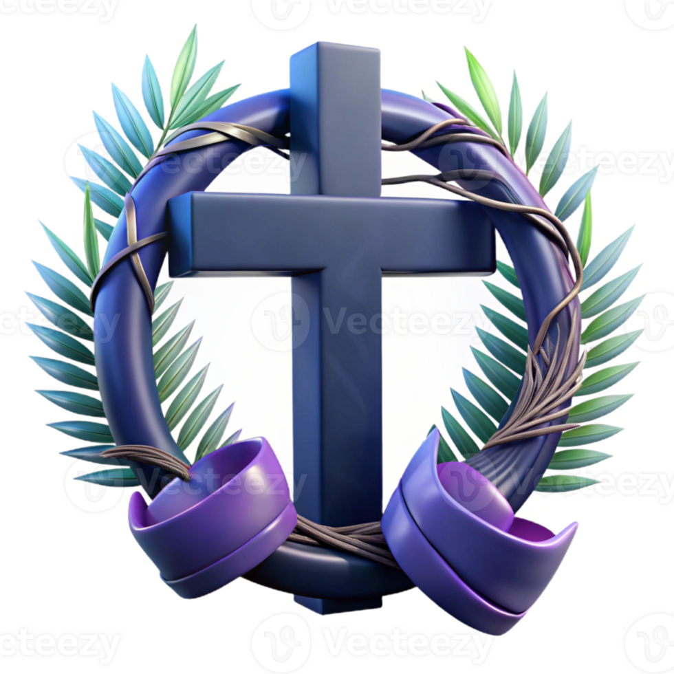 3D Rendered Cross with Palm Branches and Purple Ribbons png