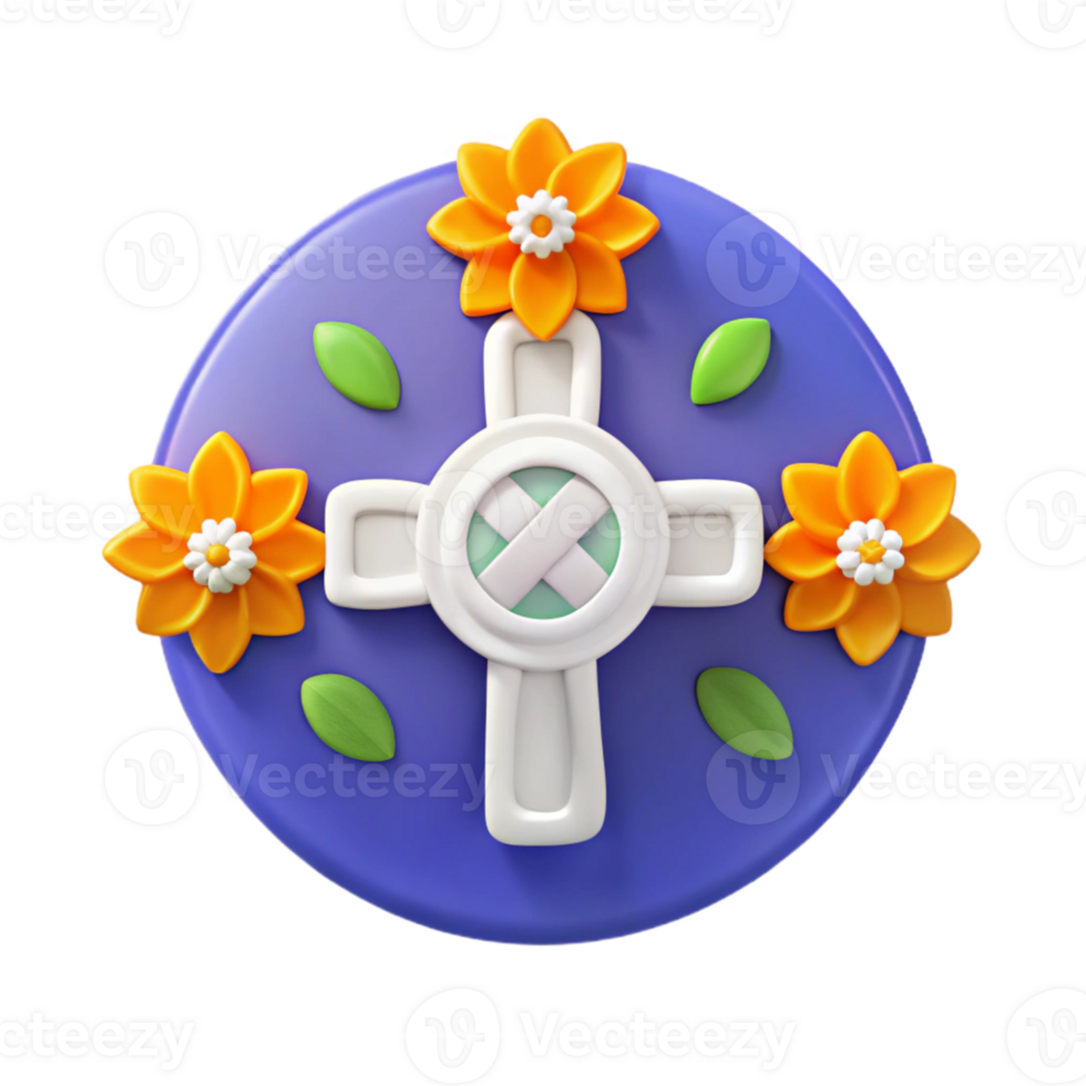 3D Render of a Cross with Flowers png